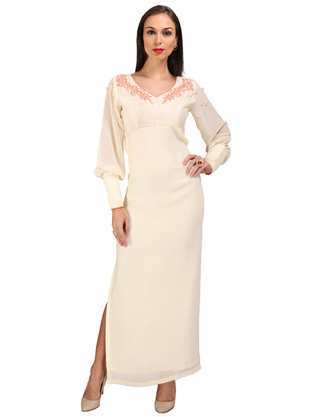 Pearl Elegance: White Georgette & Silk Gown with French Sleeves