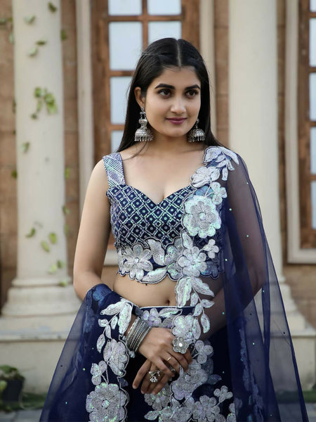 Navy Blue Kasturi Silk Georgette Embroidered Lehenga Set
