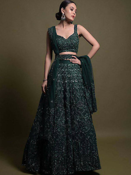 Dark Green Bridal Net Lehenga with Sequin & Thread Work