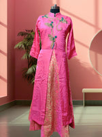 Neon Fusion High-Neck Brocade Kurta & Embroidered Skirt