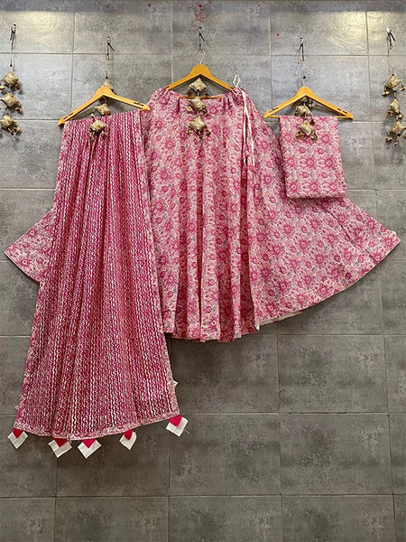Bright Pink Lotus Print Cotton Chaniya Choli