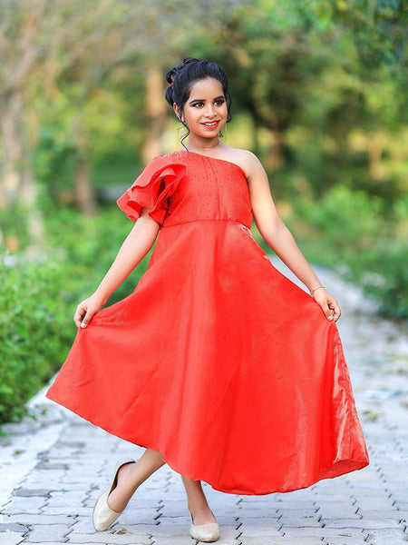 Scarlet Symphony: Bangalore Silk Asymmetrical Ruffle One-Shoulder Dress