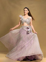 Lavender Pink Off Shoulder & Silver Hand Embroidery Crop Top & Skirt