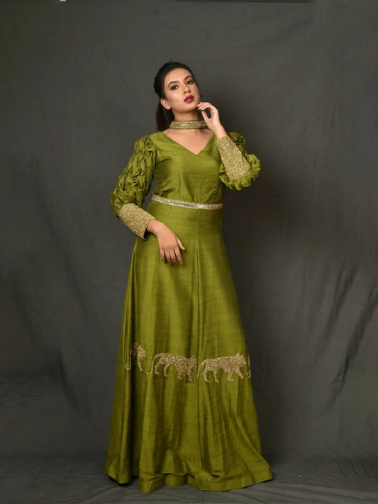 Mehandi Green Gown With Golden Jaguar Hand Embroidery – Design Duality Inc