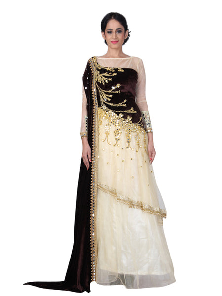 Golden Glamour: Velvet & Net Floor-Length Gown with Sabrina Neckline