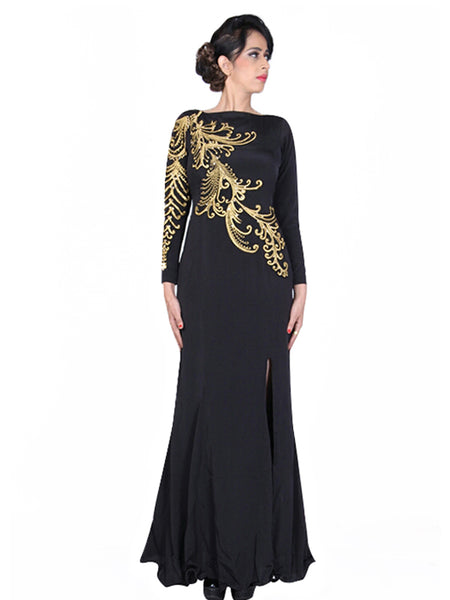 Golden Noir: Crepe Sabrina Neck Gown with Long Sleeves