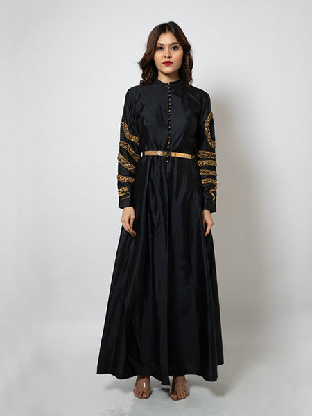 Black Silk Blend Elegance: Long Sleeve Jacket Dress with Sequin Sleeves