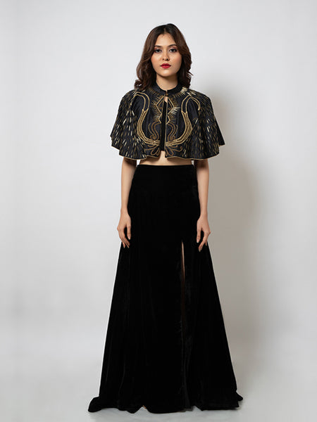 Black Velvet Elegance: Side Slit Skirt with Butterfly Sleeve Cap Top