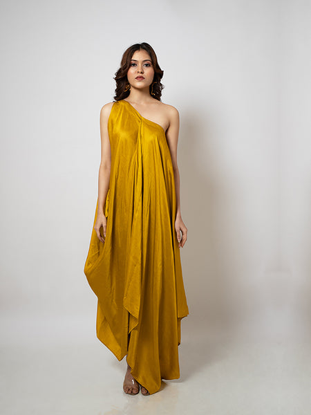 Chic Asymmetric Draped Dress in Mustard Yellow