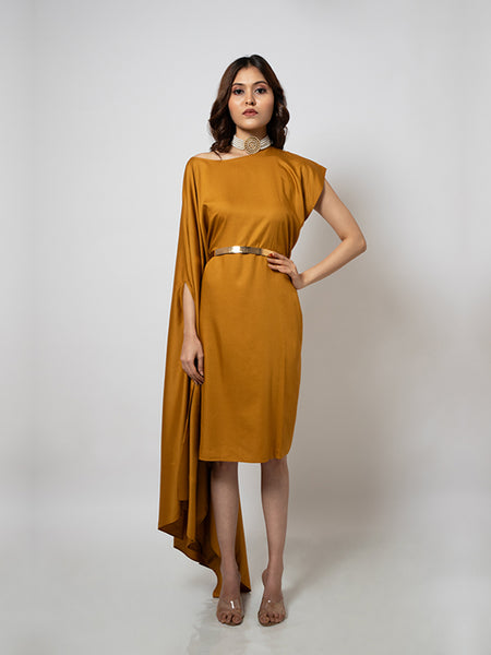 Draped Elegance : Mustard Yellow Cotton Silk Draped Dress