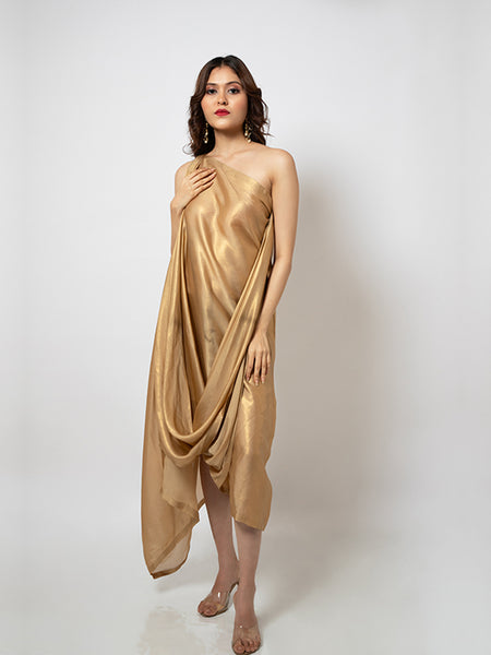 Gold Cotton Silk Asymmetric Draped Dress