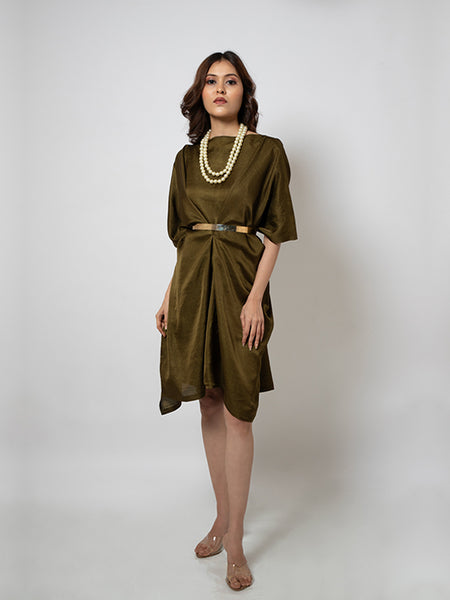 Olive Green Cotton Silk Draped Dress