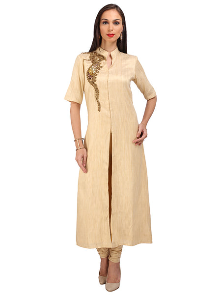 Chic Cotton Silk Suit: Front Slit & Hand Embellishment