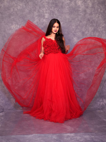 Elegant Florals: Crimson Red 3D Flowers Prom Dress