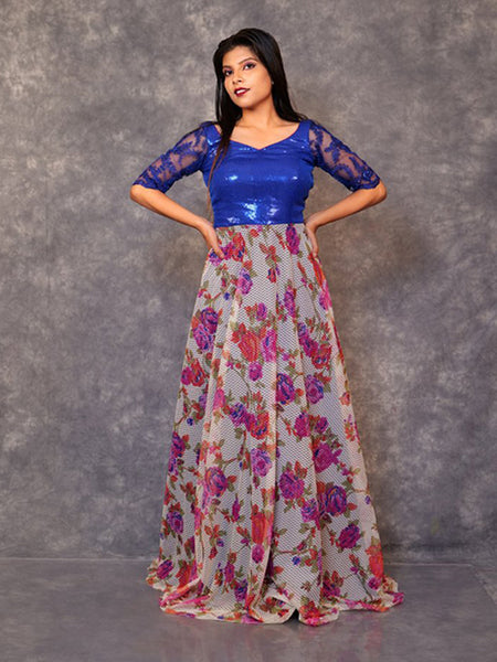 Blossoming Royalty: Floral Gown Blue Princess Dress