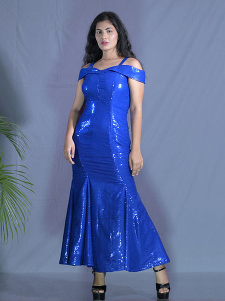 Elegant Glamour: The Off Shoulder Maxi Sequin Wedding Guest Dress in Blue