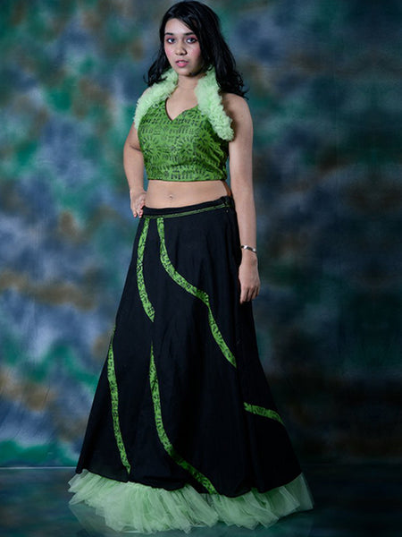 Black Khadi Cotton Lehenga With Green Printed Blouse