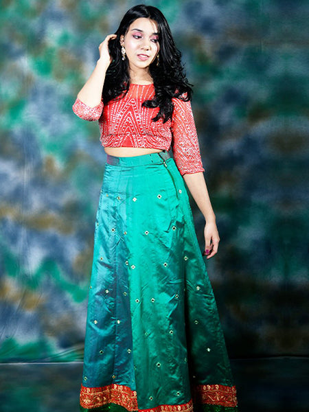 Bottle Green Skirt With Stone-Beaded Red Blouse
