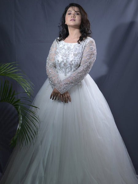 Elegant Illusion: Long Sleeve Heavy Flair Wedding Dress