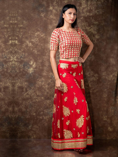 Radiant Ruby: Red Net Glitter Sequins Cutwork Lehenga - Embrace Dazzling Glamour
