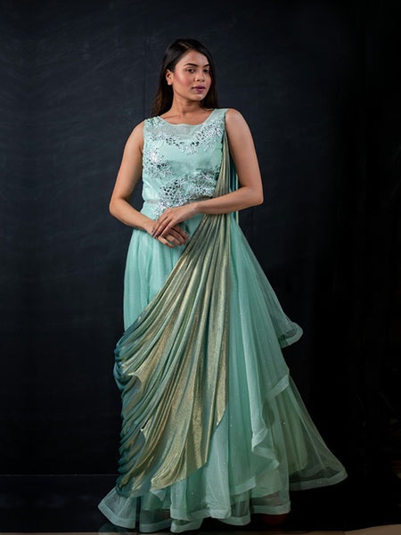 Exquisite Imported Net Frilled Gown - Embrace Alluring Elegance