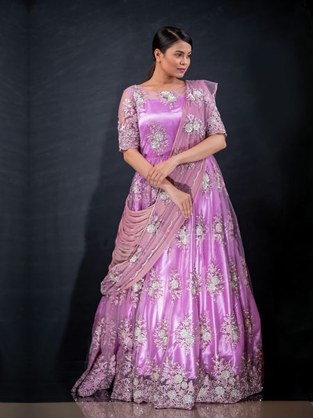 Regal Radiance: Violet Purple Sequins Anarkali Gown With Net Hand - Embrace Majestic Glamour