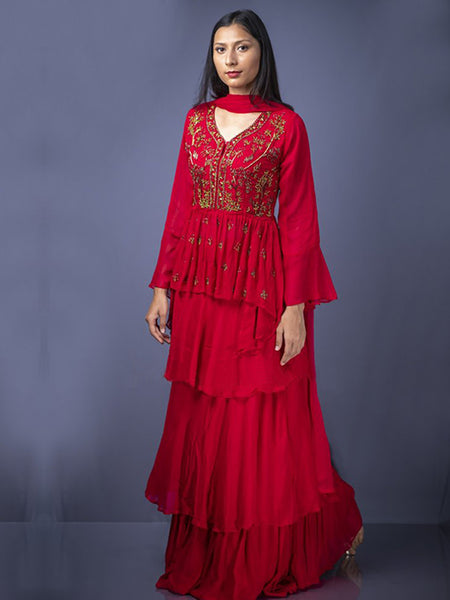 Timeless Elegance: The Red Modal Chanderi Embroidered Sharara Set - Embrace Artistic Traditions
