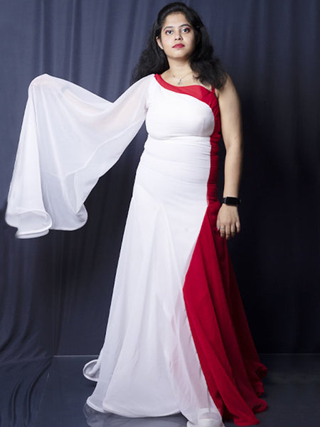 Elegant Red & White One-Shoulder Chiffon Gown