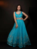 Teal Blue Lehenga Choli with Silver Sequin Embroidery