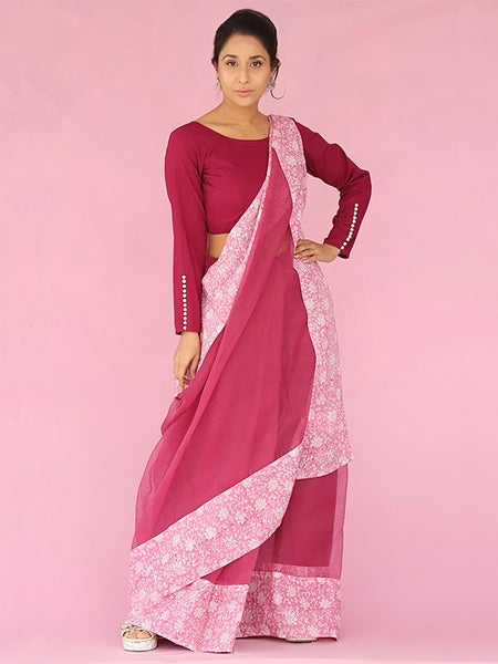 Wine Saree With Stitched Blouse Piece