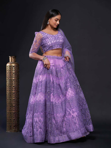 Lavender Net Embroidered Lehenga with Blouse & Dupatta