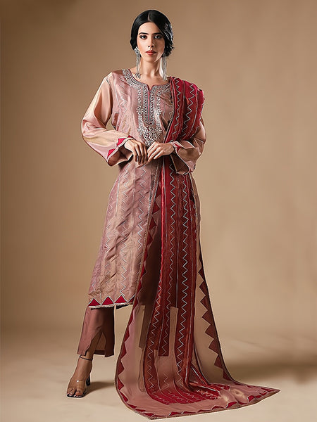 Radiant Rosy Brown: Gota Patti Embellished Tissue Suit