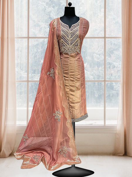 Dark Peach Elegance: Tissue and Uppada Silk Ensemble with Gota Patti Embellishments