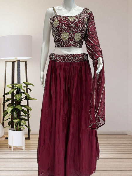 Crimson Elegance: One Shoulder Embellished Top with Flair Skirt in Pure Chinon