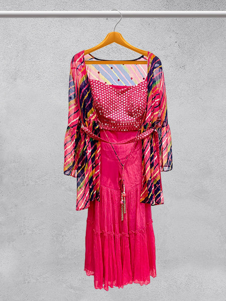 Vibrant Pink Georgette Sharara Suit with Leheriya Print Shrug and Sequence Embellishments