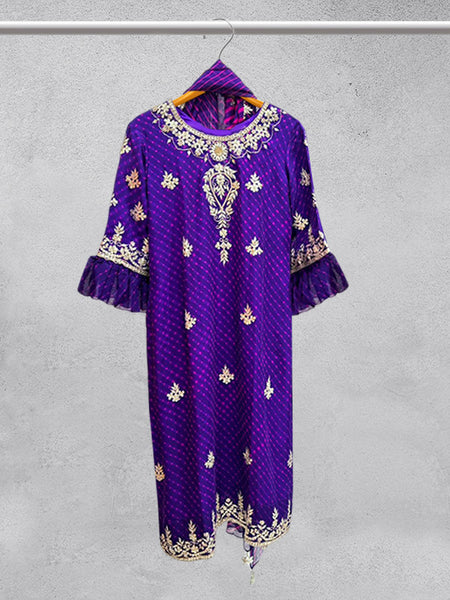 Purple Majesty: Pure Georgette Dress with Zardosi Embellishments and Laheriyan Dupatta