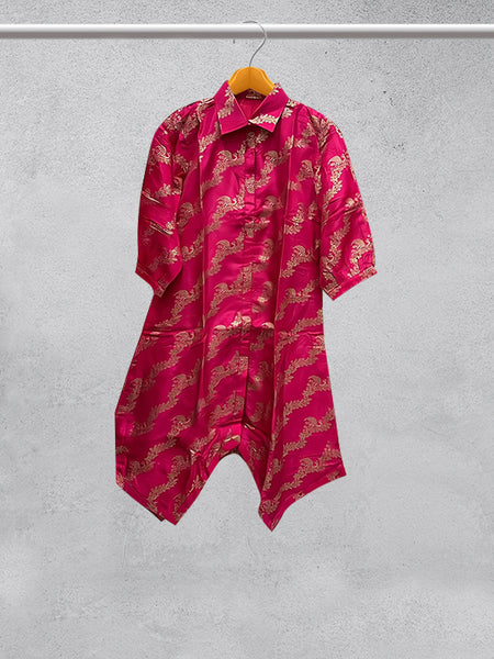 Pink Petals: Banarasi Silk Asymmetrical Kurta with Pant Set