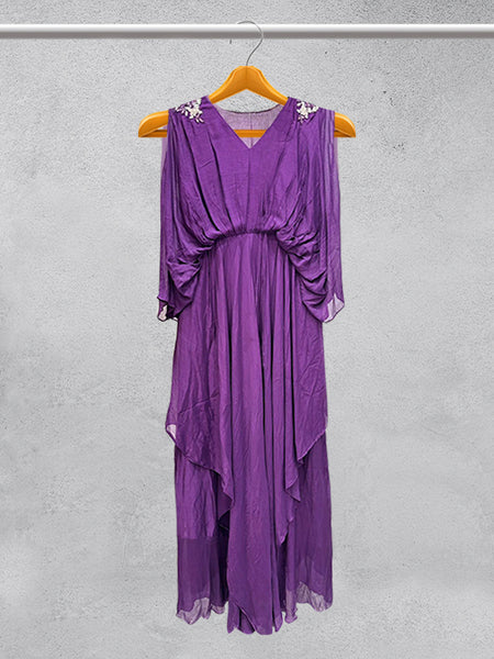 Purple Majesty: Modal Silk Designer Gown with V-Neck and Detachable Sequin Belt
