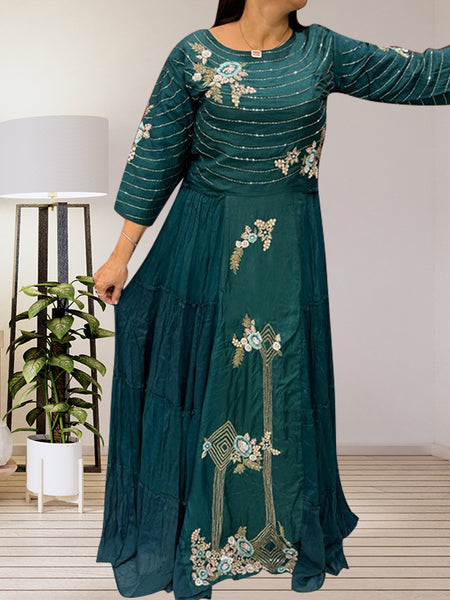 Chinon Elegance: Floor-Length Gown with Intricate Aari Embellishments