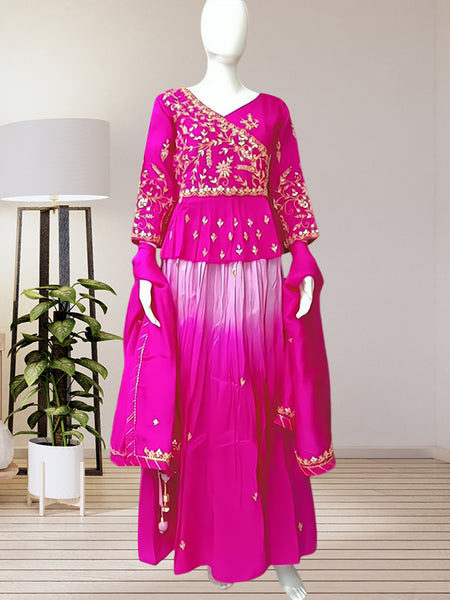 Regal Radiance: Pink Uppada Silk Ensemble Adorned with V-Neck and Zardosi Embellishment