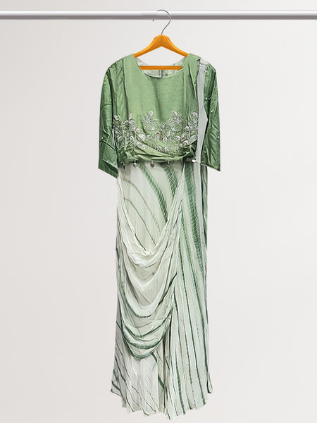 Emerald Shibori: Georgette Tie and Dye Gown with Scoop Neck and Mid-Length Sleeves