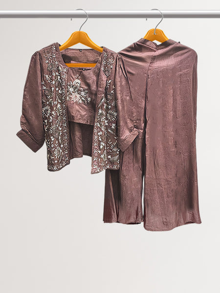Rosy Brown Silk Trio: Zardosi Embellished Top and Palazzo Set with Matching Shrug