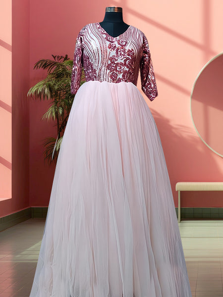 Soft Pink Sequence Work Net Corset Gown