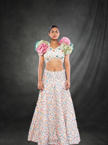 Multicolor skirt with multi 3d rose structure sleeve