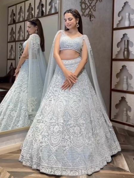 Icy Blue Net Embroidered Lehenga Set with Thread & Sequin Detailing