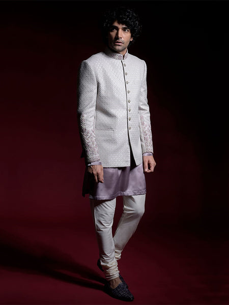 Grey Resham Embroidered Raw Silk Jodhpuri Suit