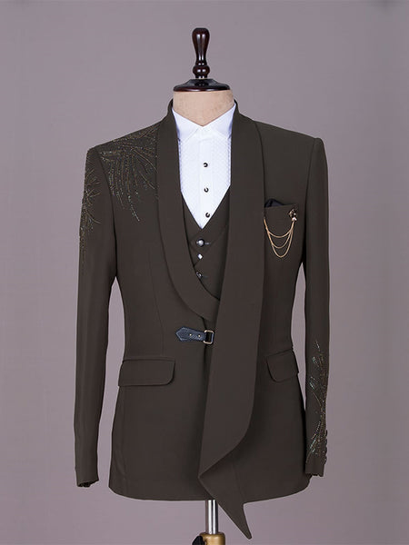 Brown Olive Bead Embroidered Italian Tuxedo Suit
