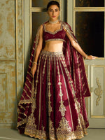 Wine Kasturi Silk Embroidered Lehenga Set