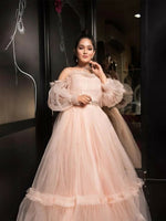 Peach Net Evening Ball Gown with Golden Belt