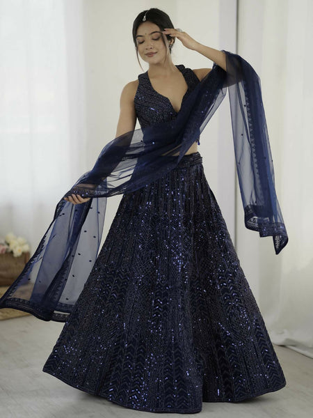 Midnight Blue Net Sequin Embroidered Lehenga Set